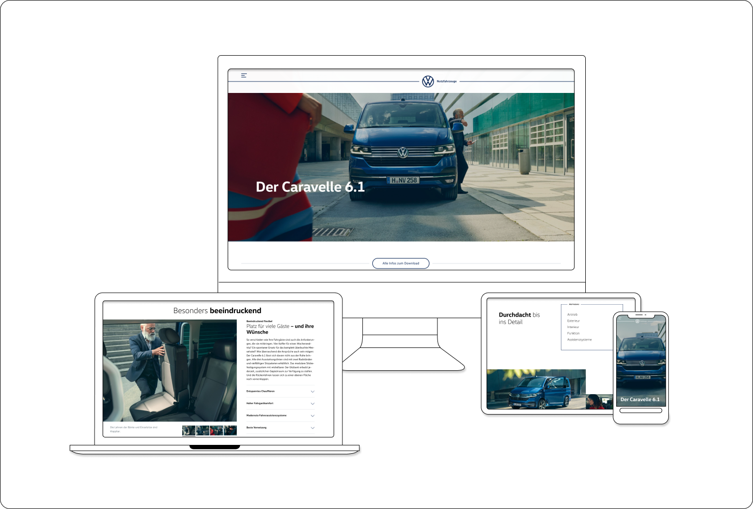 Unterschiedliche Endgeräte zeigen die responsive Volkswagen Nutzfahrzeuge Webseite.
