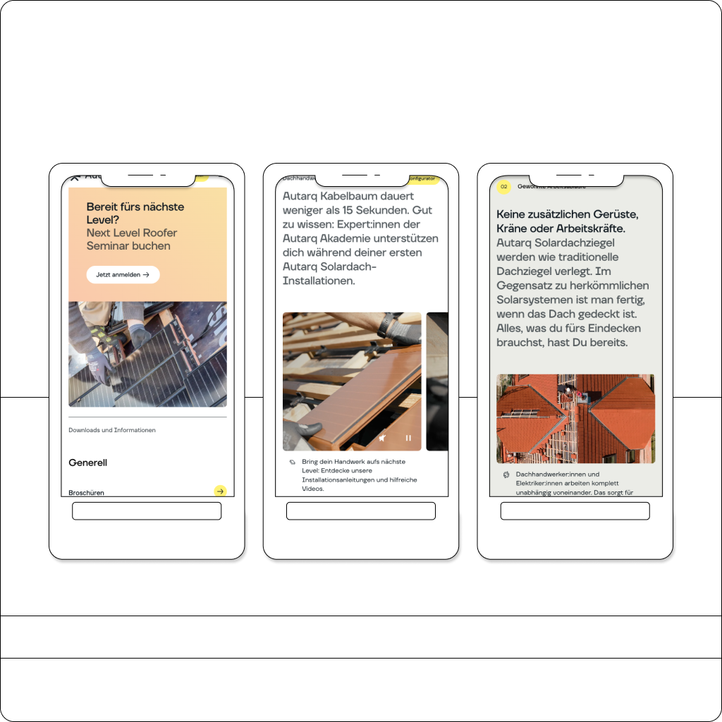 Drei illustrierte Smartphones zeigen Screenshots der Autarq Online-Akademie.