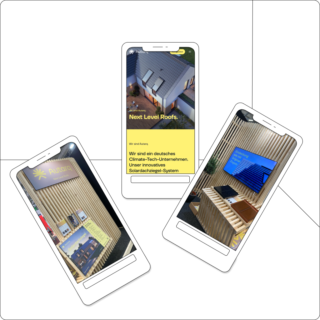 Die Illustration zeigt drei Smartphones. Auf den Displays sind Fotos vom Autarq Messestand im neuen Brand Design und die neue responsive Webseite zu sehen.