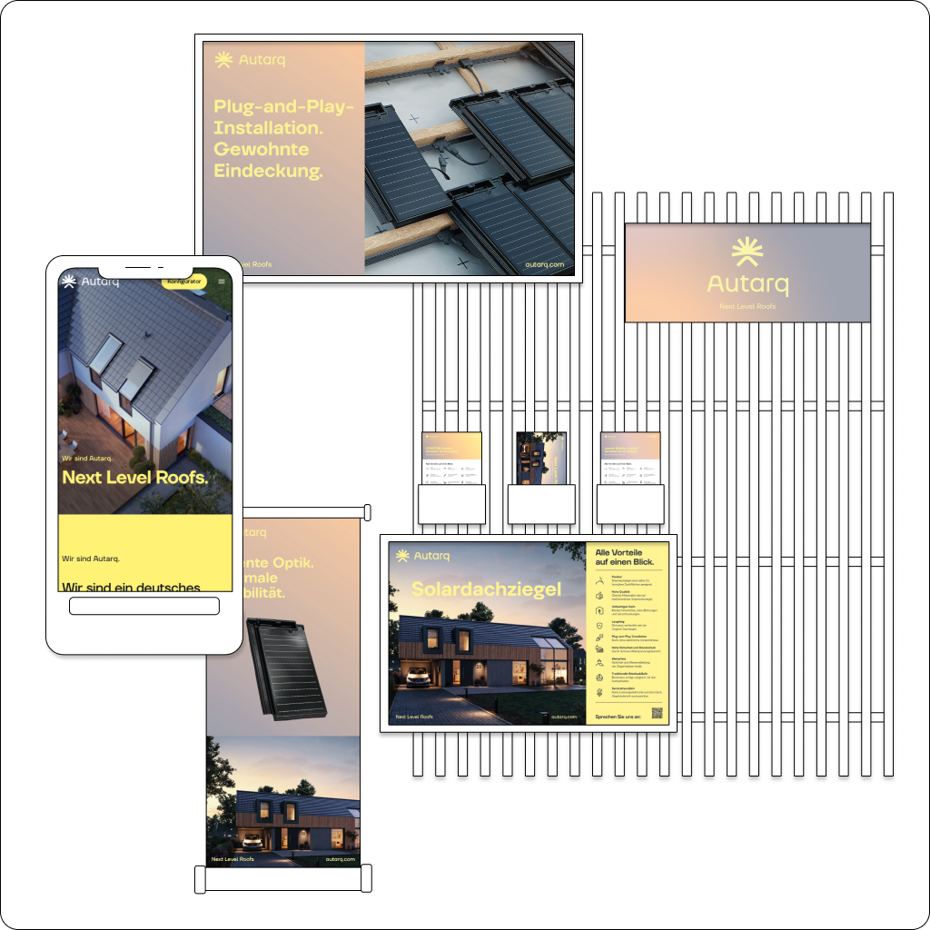 Die Illustration zeigt verschiedene Endgeräte mit der geöffneten Autarq Webseite, eine Broschüre und Produktdatenblätter im neuen Brand Design.