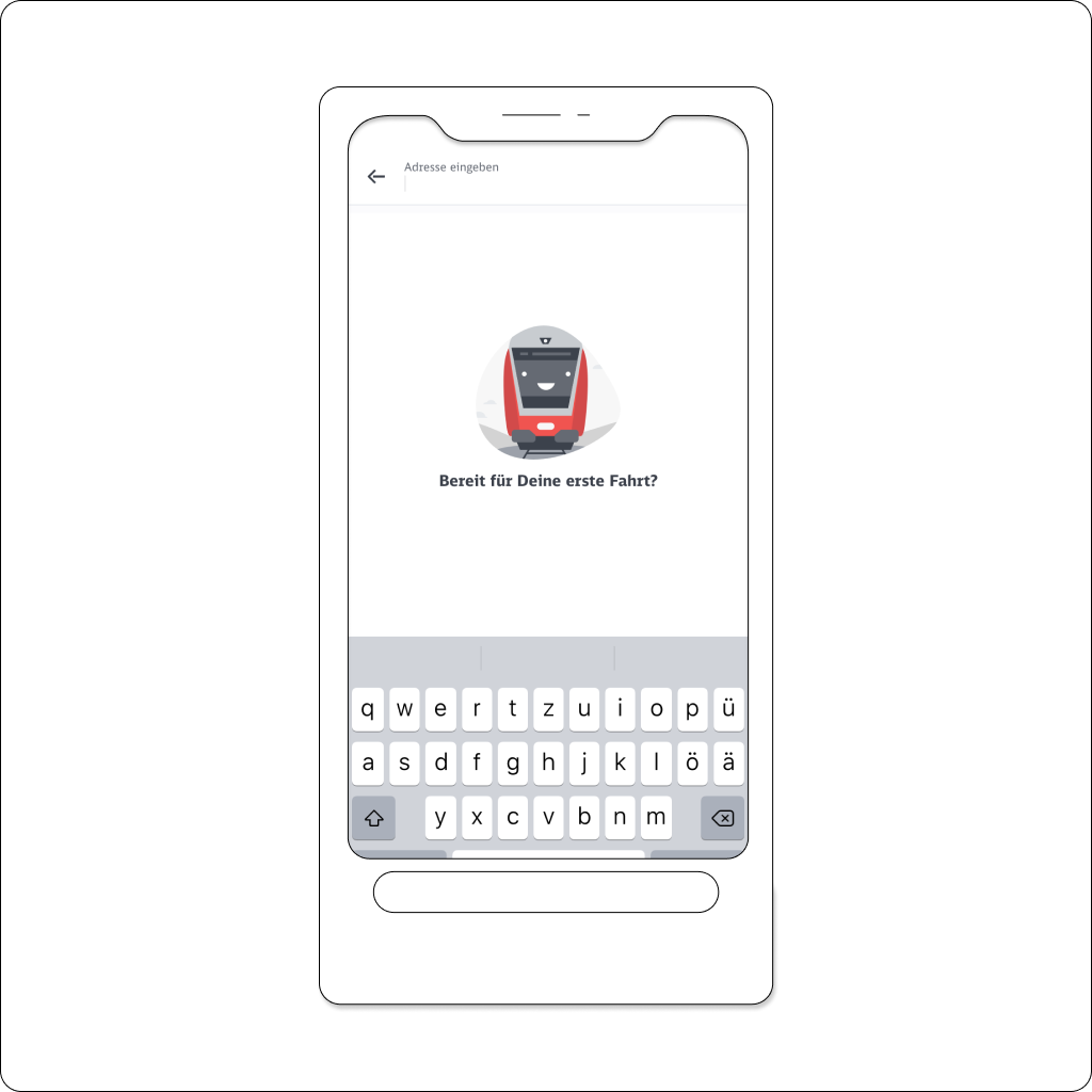 Der Lauch Screen der DB Explorer App zeigt einen illustrierten Zug und den Text "Bereit für deine erste Fahrt?"