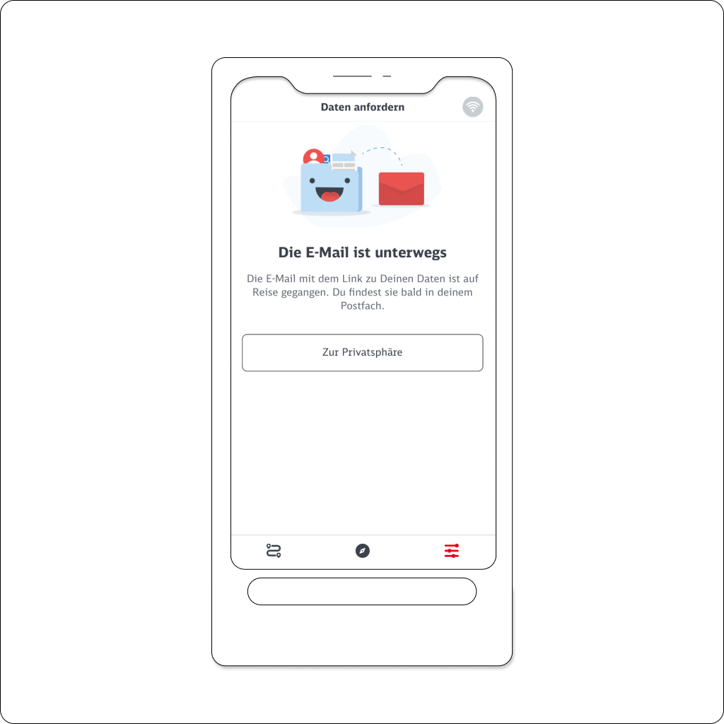 Ein Success-Screen der DB Explorer App zeigt den Text "Die E-Mail ist unterwegs: Die E-Mail mit dem Link zu Deinen Daten ist auf die Reise gegangen. Du findest sie bald in deinem Postfach." und den Button-CTA "Zur Privatsphäre". Eine unterhaltsame Illustration verdeutlicht die Botschaft.