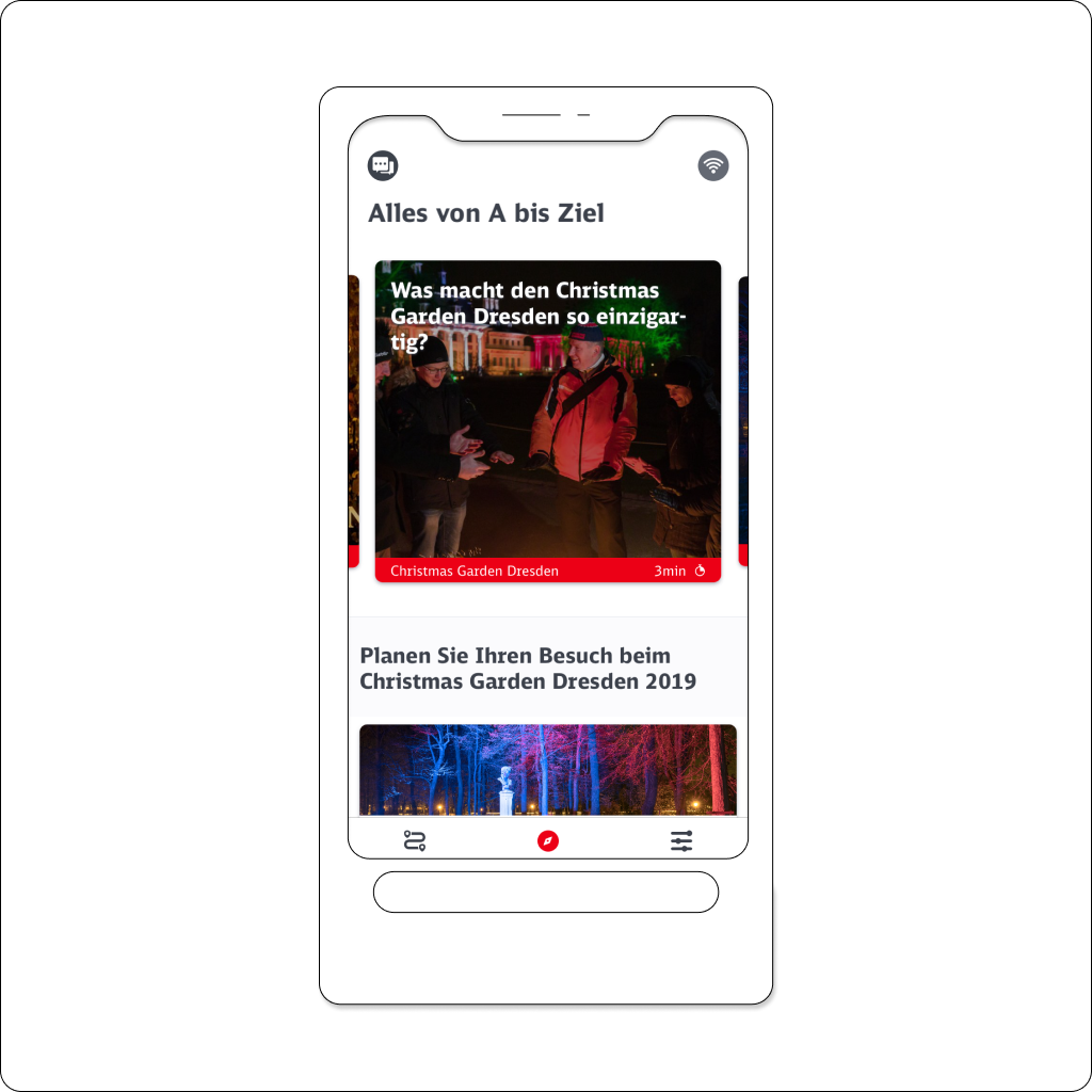 Die DB Explorer App liefert Infos zu ausgewählten Events und Reisezielen. Der Übersichtsscreen trägt den Titel "Alles von A bis Ziel."