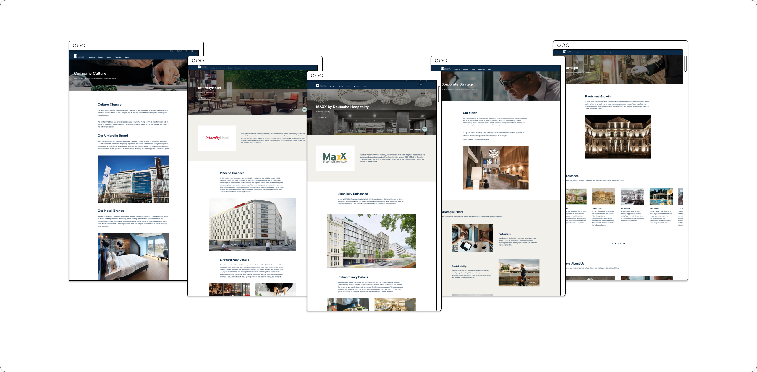 Mehrere Unterseiten der deutschehospitality.com im Überblick.