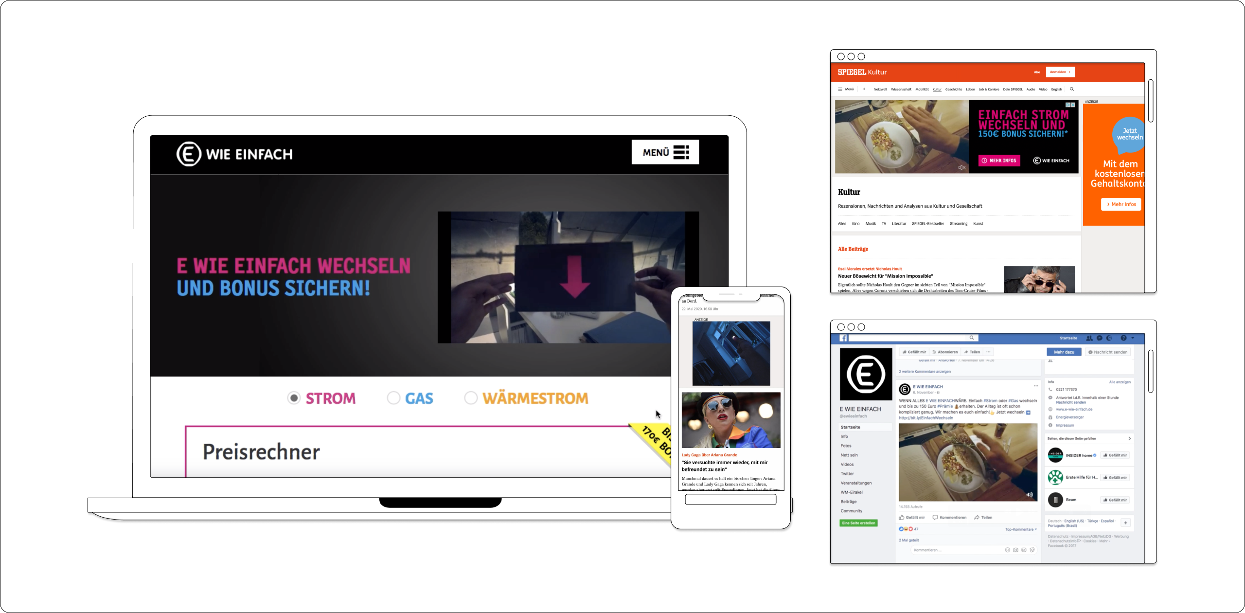 Die verschiedenen Medien und Touchpoints der E WIE EINFACH Kampagne sind im Überblick dargestellt.