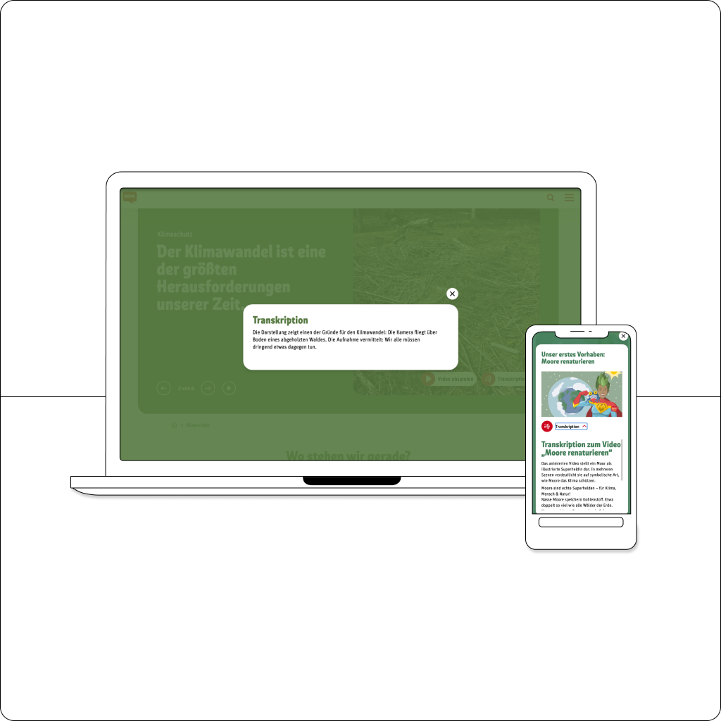 Ein illustriertes Laptop und ein illustriertes Smartphone zeigen Transkripte auf der REWE Nachhaltigkeitsplattform.