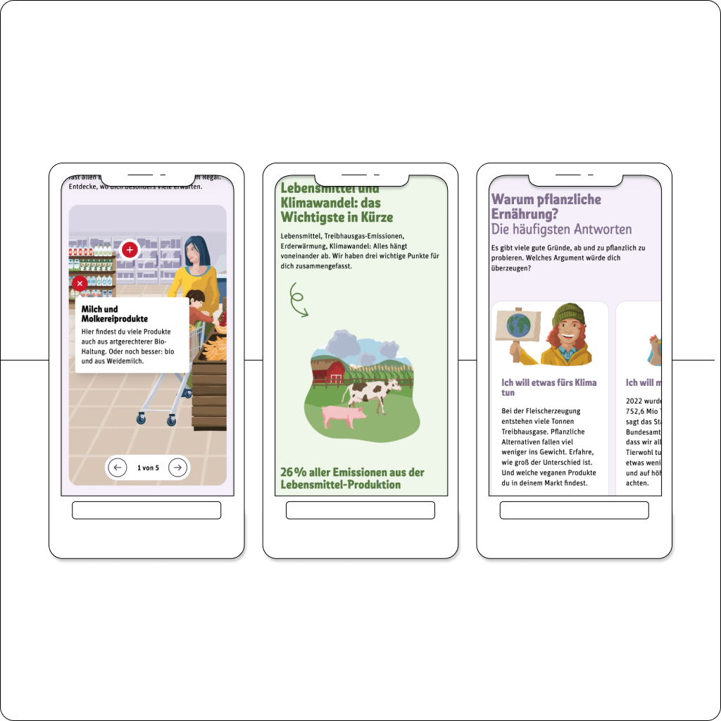 Auf drei illustrierten Smartphones sind unterschiedliche Seiten der REWE Nachhaltigkeitsplattform geöffnet. Snackable Content erklärt verschiedene Nachhaltigkeitsthemen.