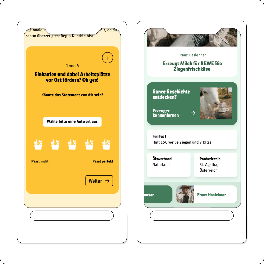Zwei illustrierte Smartphones zeigen interaktive Content-Module der REWE Nachhaltigkeitsplattform.