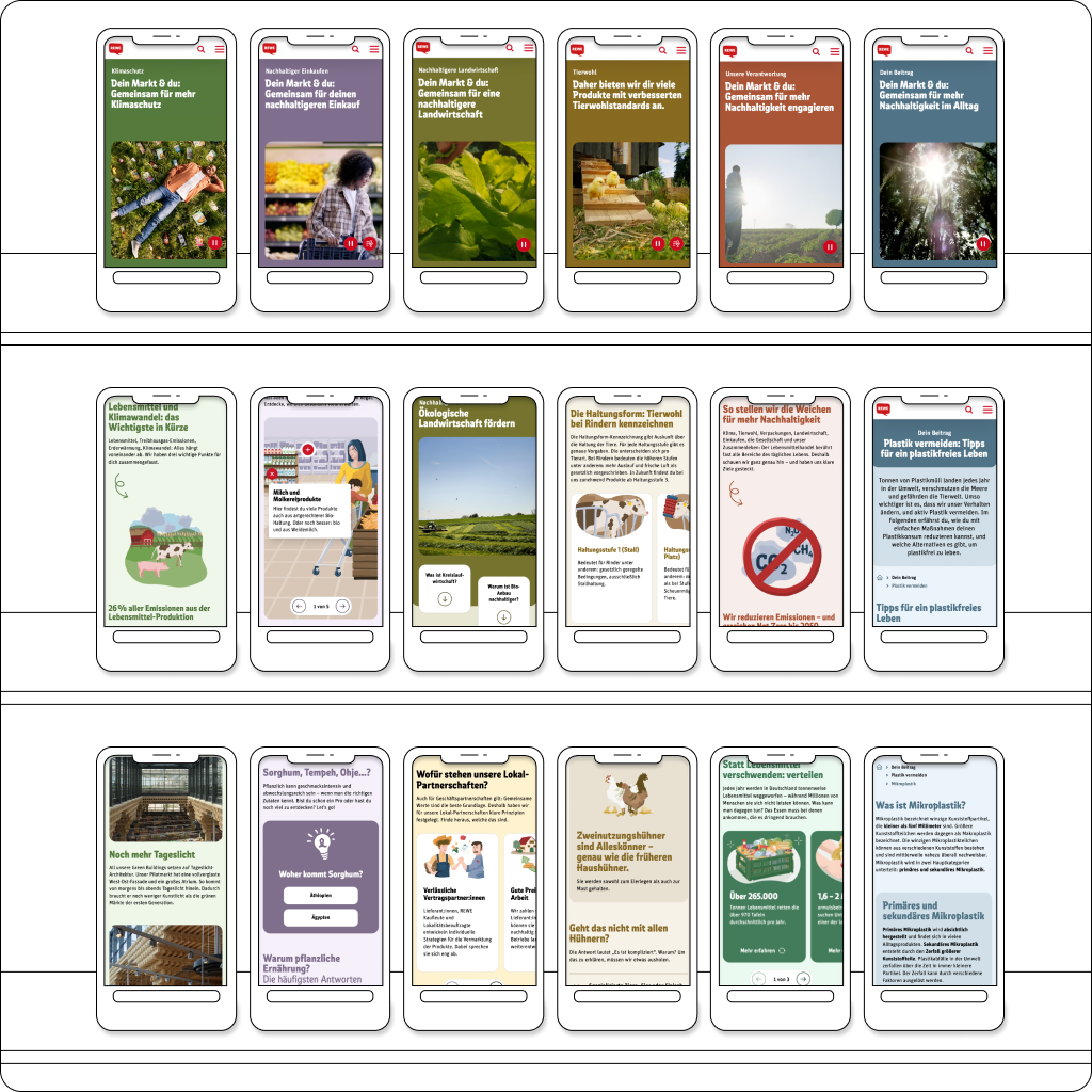 Die Illustration zeigt viele Smartphones, die ordentlich auf einem Regal angeordnet sind. Auf den Displays sind verschiedene Seiten der REWE Nachhaltigkeitswebseite geöffnet.