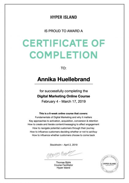 Certificate of Completion des Hyper Island Digital Merketing Online Course für Annika Hüllebrand.