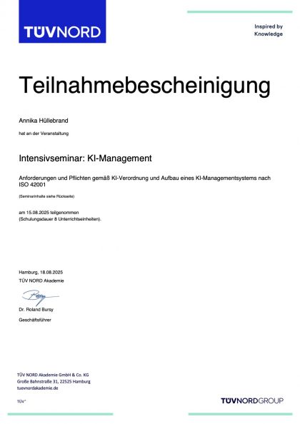 Teilnahmebescheinigung am "Intensivseminar KI-Management" des TÜV Nord für Annika Hüllebrand.