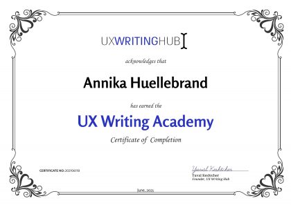 Certificate of Completion der UX Writing Academy des UX Writing Hub für Annika Hüllebrand.